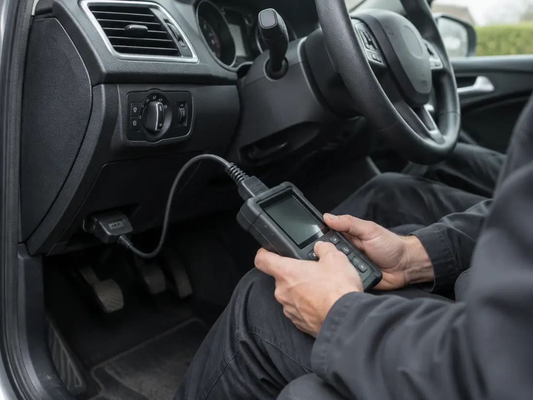 A mechanic sitting in a car reading a handheld diagnostic tool plugged in under the dashboard.