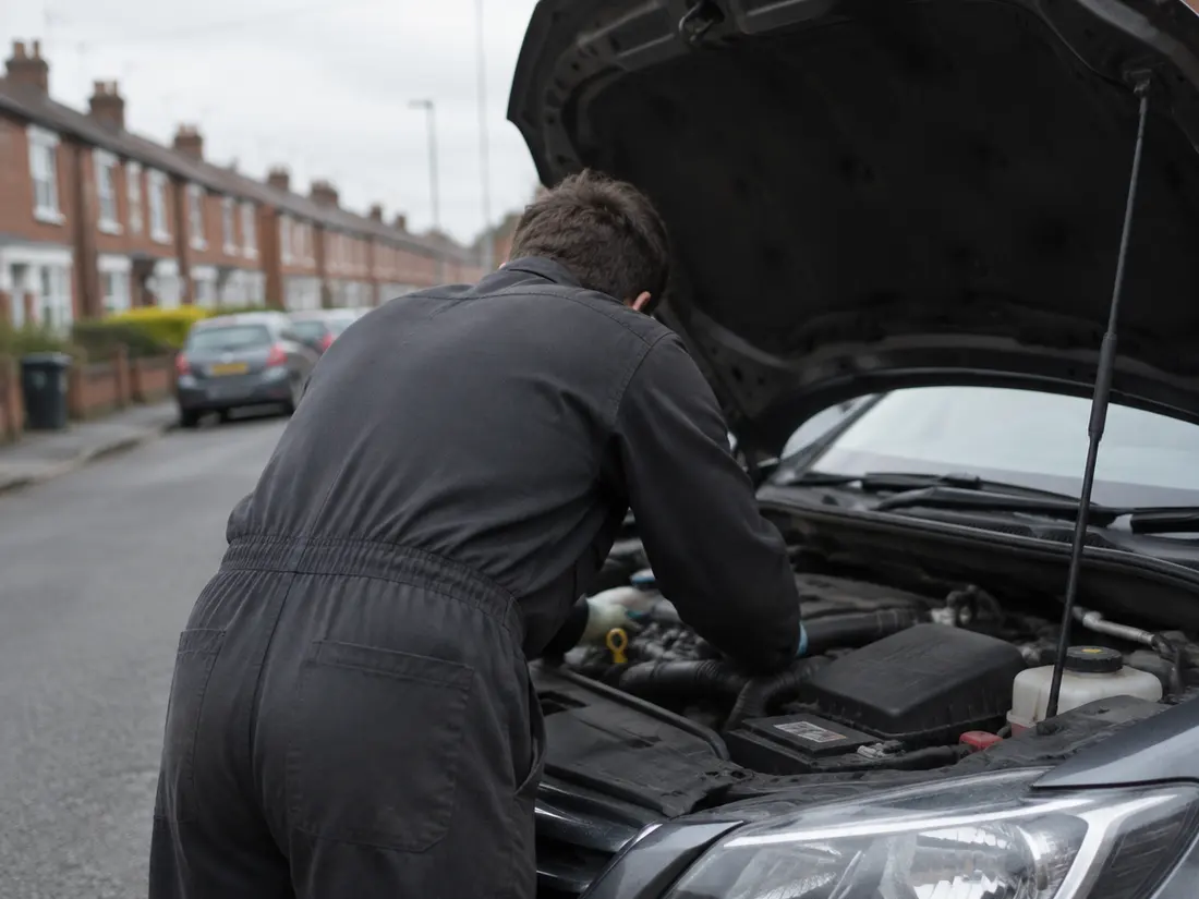 A mechanic working under the open bonnet of a car parked on a residential street.